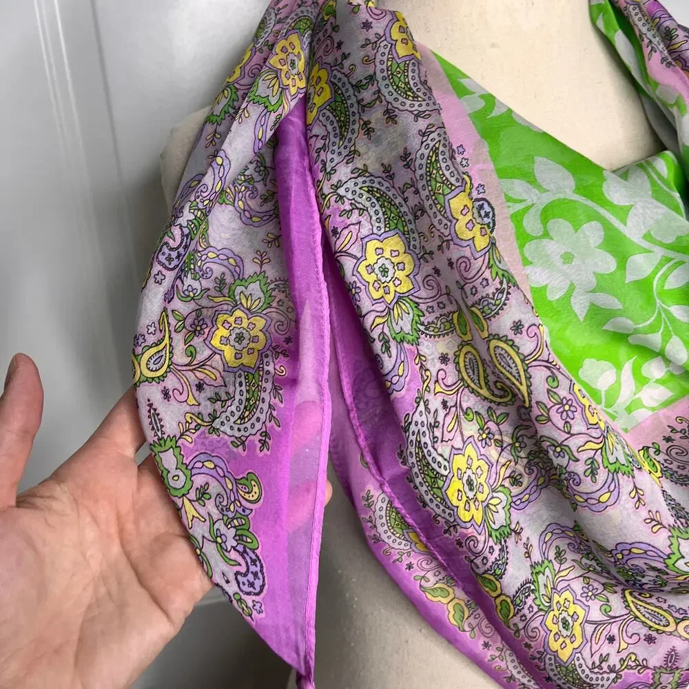 Johnny Was Silk Scarf Tassels Green Purple Floral Print Square 42x42 Bohemian